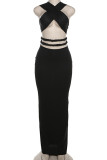 Black Street Solid Hollowed Out Patchwork Slit Halter Long Dresses