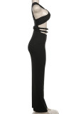 Black Street Solid Hollowed Out Patchwork Slit Halter Long Dresses