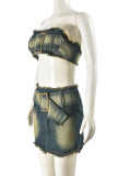 Blue Sexy Patchwork Backless Strapless Sleeveless Distressed Two Pieces Denim Tube Crop Tops And Mini Skirts Matching Sets