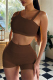 Brownness Casual Solid Backless Spaghetti Strap Sleeveless Two Pieces