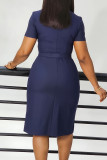 Deep Blue Elegant Solid Patchwork Slit Fold With Belt V Neck Wrapped Skirt Dresses
