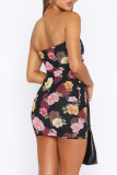 Black Sexy Print Patchwork Backless Strapless Wrapped Skirt Dresses