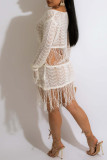 White Casual Solid Tassel See-through V Neck Dresses