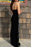 Black Sexy Patchwork Hot Drilling Backless Spaghetti Strap Long Dresses