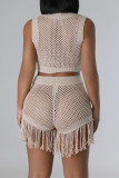 Khaki Street Solid Tassel Hollowed Out Patchwork See-through O Neck Sleeveless Two Pieces