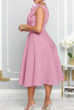 Pink Elegant Solid Patchwork Fold Oblique Collar A Line Dresses
