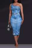 Blue Elegant Print Patchwork Backless Oblique Collar Printed Dresses