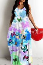 Light Blue Sexy Butterfly Print Backless Spaghetti Strap Long Loose Maxi Dresses