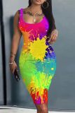 Multicolor Rainbow Casual Print Basic U Neck Vest Bodycon Tank Midi Dresses
