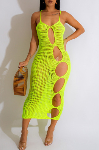 Fluorescent Green Sexy Solid Hollowed Out See-through Backless Spaghetti Strap Beach Dresses