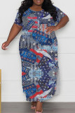 Blue Casual Print Slit O Neck Long Plus Size Dresses