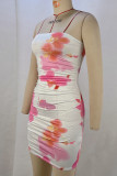 Pink Sexy Print Patchwork Backless Strapless Wrapped Skirt Dresses