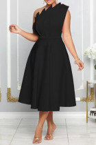 Black Elegant Solid Patchwork Fold Oblique Collar A Line Dresses