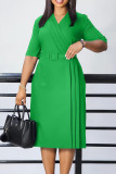 Deep Blue Elegant Solid Patchwork Slit Fold With Belt V Neck Wrapped Skirt Dresses