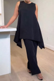 Black Casual Solid Asymmetrical O Neck Plus Size Two Pieces