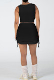Black Sweet Solid Patchwork Draw String Fold Asymmetrical Collar Sleeveless Two Pieces