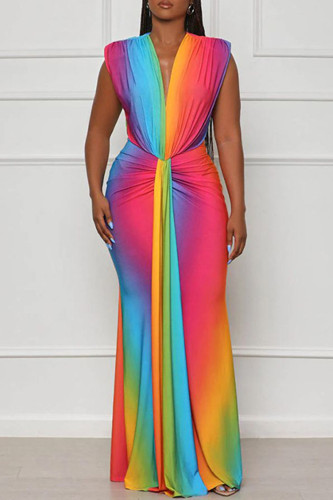 Gradient Color Sexy Print Patchwork Fold V Neck Long Dresses