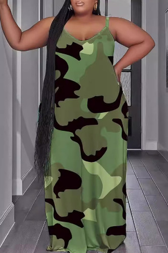 Army Green Casual Print Backless Spaghetti Strap Long Dresses