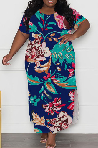 Dark Blue Casual Print Slit O Neck Long Plus Size Dresses