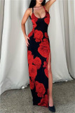 Pink Sexy Casual Print Backless Slit Spaghetti Strap Long Dresses