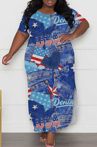Blue Casual Print Slit O Neck Long Plus Size Dresses