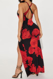 Red Sexy Casual Print Backless Slit Spaghetti Strap Long Dresses