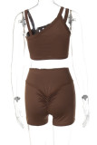 Brownness Casual Solid Backless Spaghetti Strap Sleeveless Two Pieces