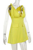 Fluorescent Yellow Sexy Solid Patchwork V Neck Sleeveless Dresses