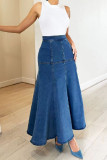 Blue Casual Solid Patchwork Basic High Waist Flare Hem Loose Mid Length Skinny Denim Skirts