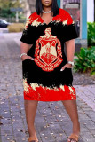 White Casual Street Print Patchwork V Neck Straight Plus Size Dresses