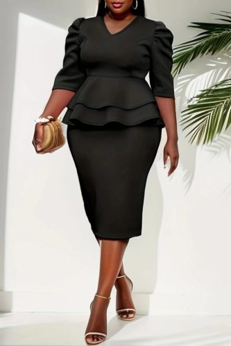 Black Casual Solid Patchwork V Neck Plus Size Dresses
