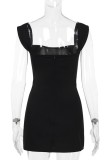Black Sexy Solid Patchwork Square Collar Wrapped Skirt Dresses