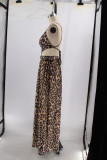 Leopard Print Celebrities Leopard Bandage Hollowed Out Patchwork Backless Slit Spaghetti Strap Sling Dresses