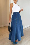 Blue Casual Solid Patchwork Basic High Waist Flare Hem Loose Mid Length Skinny Denim Skirts