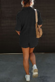 Black Casual Street Solid Pocket Turndown Collar Loose Rompers