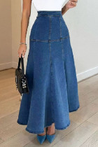 Blue Casual Solid Patchwork Basic High Waist Flare Hem Loose Mid Length Skinny Denim Skirts