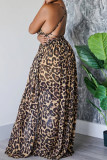 Leopard Print Celebrities Leopard Bandage Hollowed Out Patchwork Backless Slit Spaghetti Strap Sling Dresses