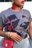 Black Casual Print Basic O Neck T-Shirts