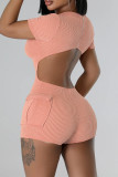 Black Casual Solid Patchwork Pocket Backless O Neck Skinny Rompers