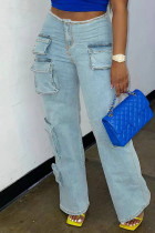 Blue Casual Solid Patchwork Pocket High Waist Straight Cargo Denim Jeans