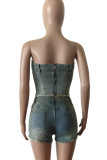 Light Blue Street Solid Make Old Patchwork Buttons Zipper Strapless Sleeveless Two Pieces