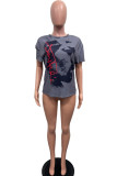Black Casual Print Basic O Neck T-Shirts