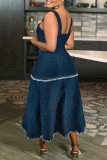 Deep Blue Elegant Tassel Patchwork Backless Contrast Asymmetrical Collar A Line Plus Size Dresses