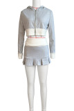 Black Sweet Patchwork Fold Zipper Hooded Collar Long Sleeve Two Pieces Cropped Jackets And Pleated Skirts