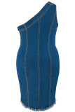 Blue Street Solid Patchwork Oblique Collar Wrapped Skirt Plus Size Dresses