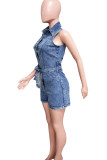 The cowboy blue Street Solid Bandage Patchwork Buckle Turndown Collar Sleeveless Regular Denim Jumpsuits
