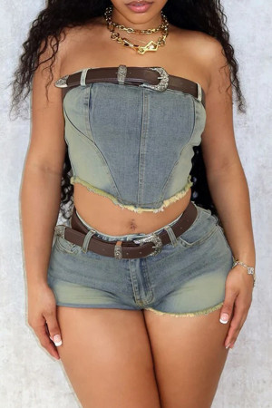 Light Blue Street Solid Make Old Patchwork Buttons Zipper Strapless Sleeveless Two Pieces