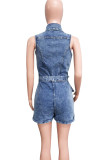 The cowboy blue Street Solid Bandage Patchwork Buckle Turndown Collar Sleeveless Regular Denim Jumpsuits