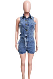 The cowboy blue Street Solid Bandage Patchwork Buckle Turndown Collar Sleeveless Regular Denim Jumpsuits