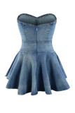 Light Blue Sexy Solid Patchwork Backless Zipper Strapless Sleeveless Boot Cut Denim Dresses
